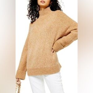 New Topshop Oversized Sweater Camel Tan Ribbed Mock Neck Thick Size Large